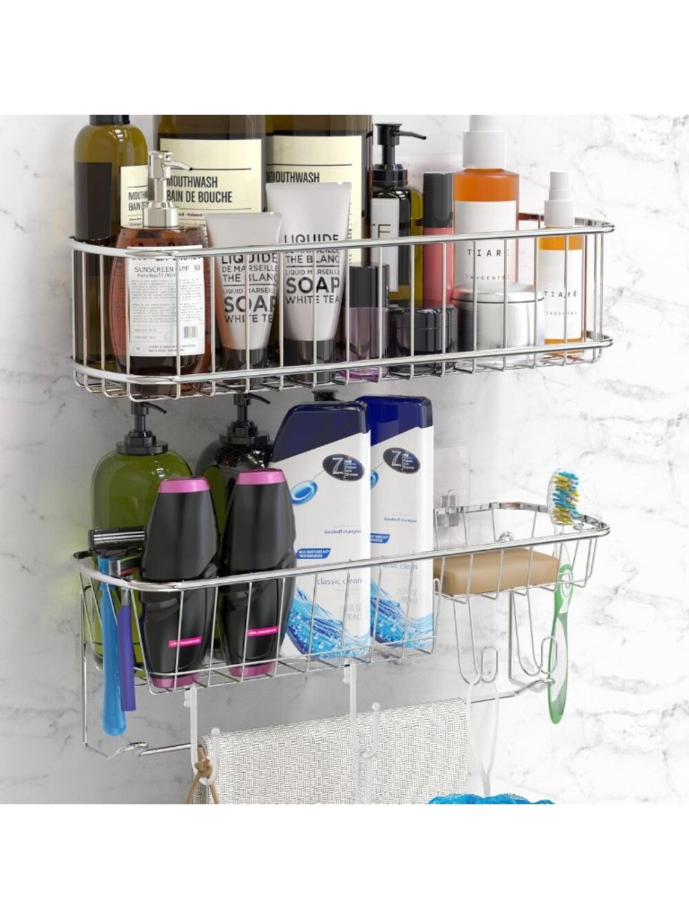 Chrome Wall Mount Shower Caddy Set with Hooks - 2 Pack, Space-Saving Organizer